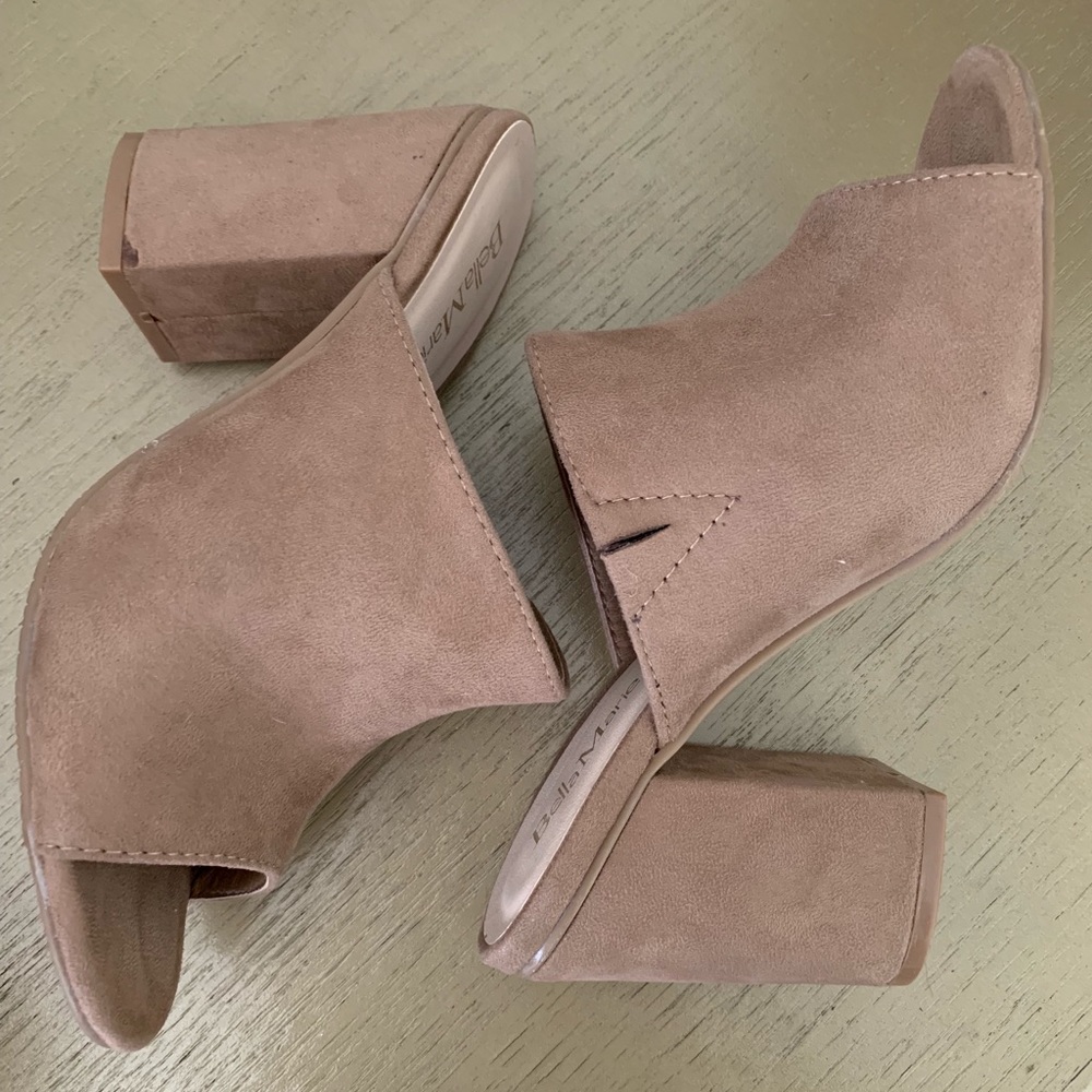 BellaMarie tan/taupe vegan suede mules.